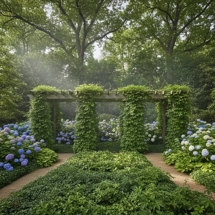 Ogród wertykalny z wielopoziomową roślinnością, w tym drzewami dającymi cień, pnączami na pergoli i roślinami okrywowymi, który działa jak naturalny klimatyzator dzięki procesowi ewapotranspiracji.