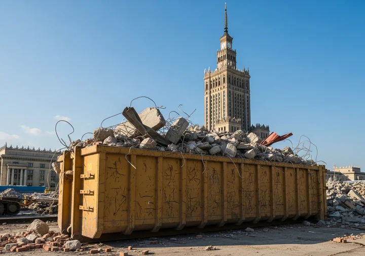 Obrazek przedstawia kontener na gruz z widokiem na Pałac Kultury i Nauki w Warszawie.