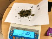 Zdjęcie z interwencji: na wadze elektronicznej leży kartka papieru, na niej zielono-brunatny susz roślinny. Wskazanie wagi to 8,102 grama.