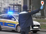 Zdjęcie ilustracyjne: strażnik miejski z "lizakiem" w ręku kieruje ruchem w miejscu kolizji. W tle radiowóz Straży Miejskiej z włączonymi światłami sygnalizacyjnymi.