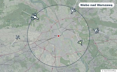 Mapa okolic miasta z sylwetkami samolotów — Niebo nad Warszawą na żywo