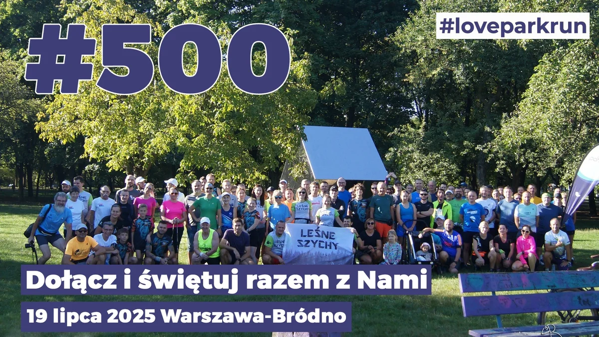 Grafika promocyjna wydarzenia 500. bieg parkrun na Bródnie w Warszawie