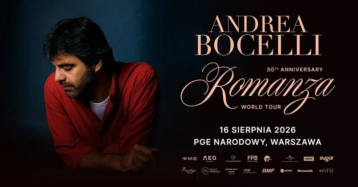 Grafika promocyjna wydarzenia Andrea Bocelli w Warszawie — koncert jubileuszowy 16 sierpnia 2026