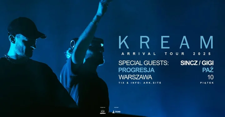 Obrazek przedstawia grafikę promocyjną wydarzenia Kream w Progresji — koncert techno/house w Warszawie