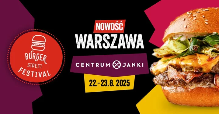 Obrazek przedstawia grafikę promocyjną wydarzenia Festiwal burgerów w Centrum Handlowym Janki — 22–23 sierpnia