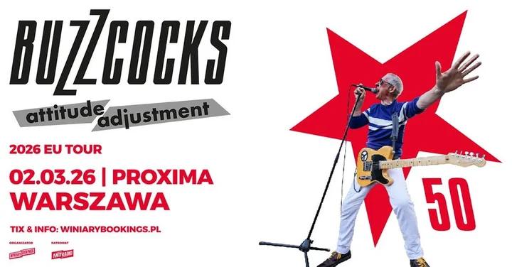 Obrazek przedstawia grafikę promocyjną wydarzenia Legendarny zespół Buzzcocks zagra w Warszawie — koncert w Klubie Proxima