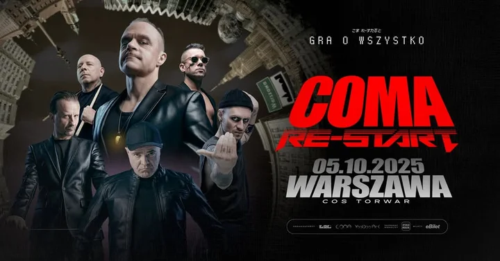 Obrazek przedstawia grafikę promocyjną wydarzenia COMA RE-START — koncert w Warszawie (5 października 2025)