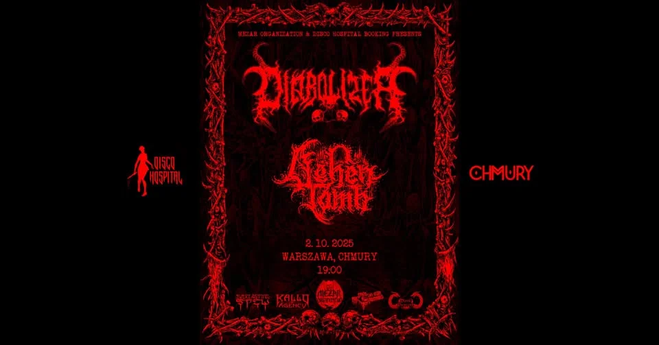 Obrazek przedstawia grafikę promocyjną wydarzenia Koncert death metalowy Diabolizer i Ashen Tomb w klubie Chmury w Warszawie