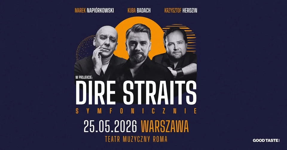 Grafika promocyjna wydarzenia Dire Straits Symfonicznie w Warszawie: koncert w Teatrze Roma