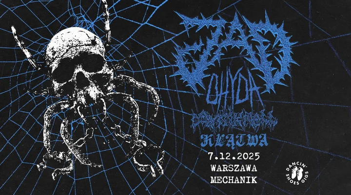 Obrazek przedstawia grafikę promocyjną wydarzenia Koncert punk/hardcore: JAD, OHYDA, DEATHKNELL i KLĄTWA w Klubie Mechanik