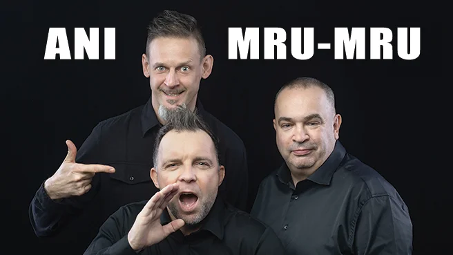 Obrazek przedstawia grafikę promocyjną wydarzenia Kabaret Ani Mru-Mru w Warszawie z programem „Mniej więcej”