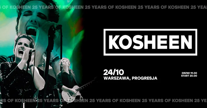 Obrazek przedstawia grafikę promocyjną wydarzenia Kosheen w Warszawie — koncert 25-lecia w Progresji