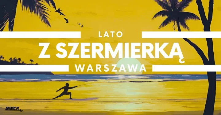 Obrazek przedstawia grafikę promocyjną wydarzenia Plenerowy trening szermierki w Warszawie — środa 20 sierpnia 2025