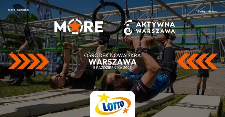 Obrazek przedstawia grafikę promocyjną wydarzenia Bezpłatne starty sportowe MORE Warszawa – wydarzenie dla rodzin i dorosłych