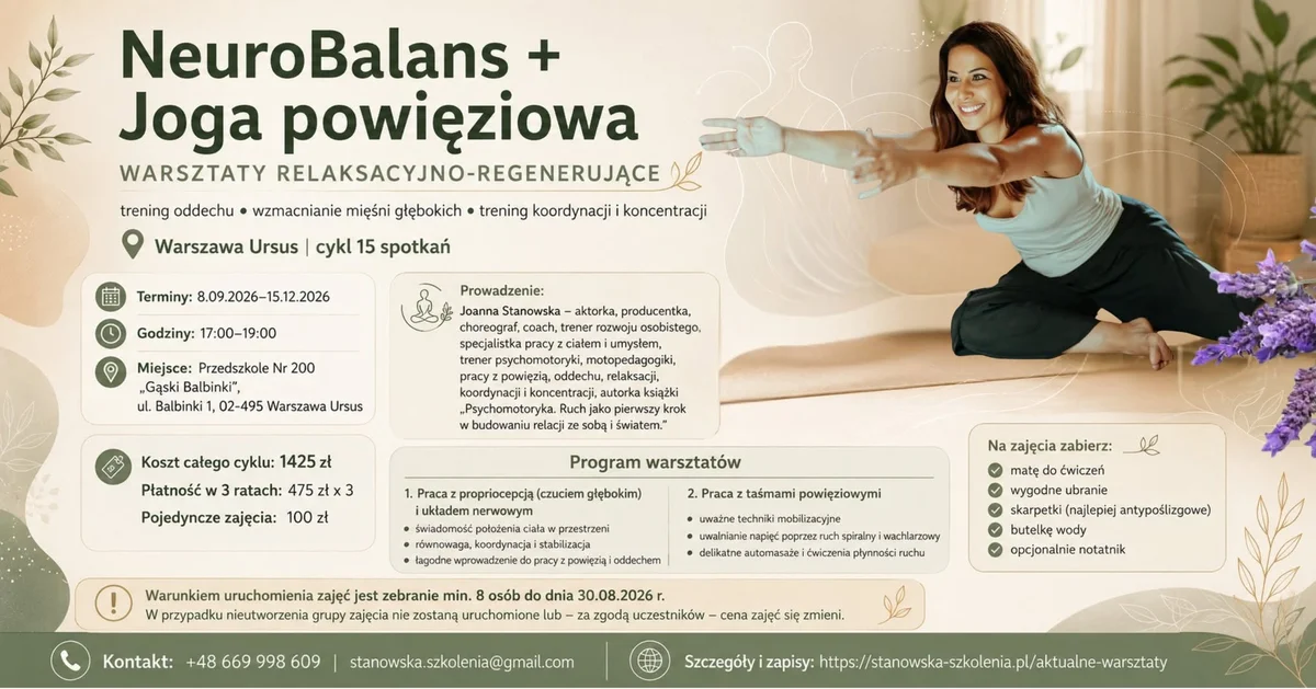 Grafika promocyjna wydarzenia NeuroBalans & Joga powięziowa – warsztaty w Ursusie