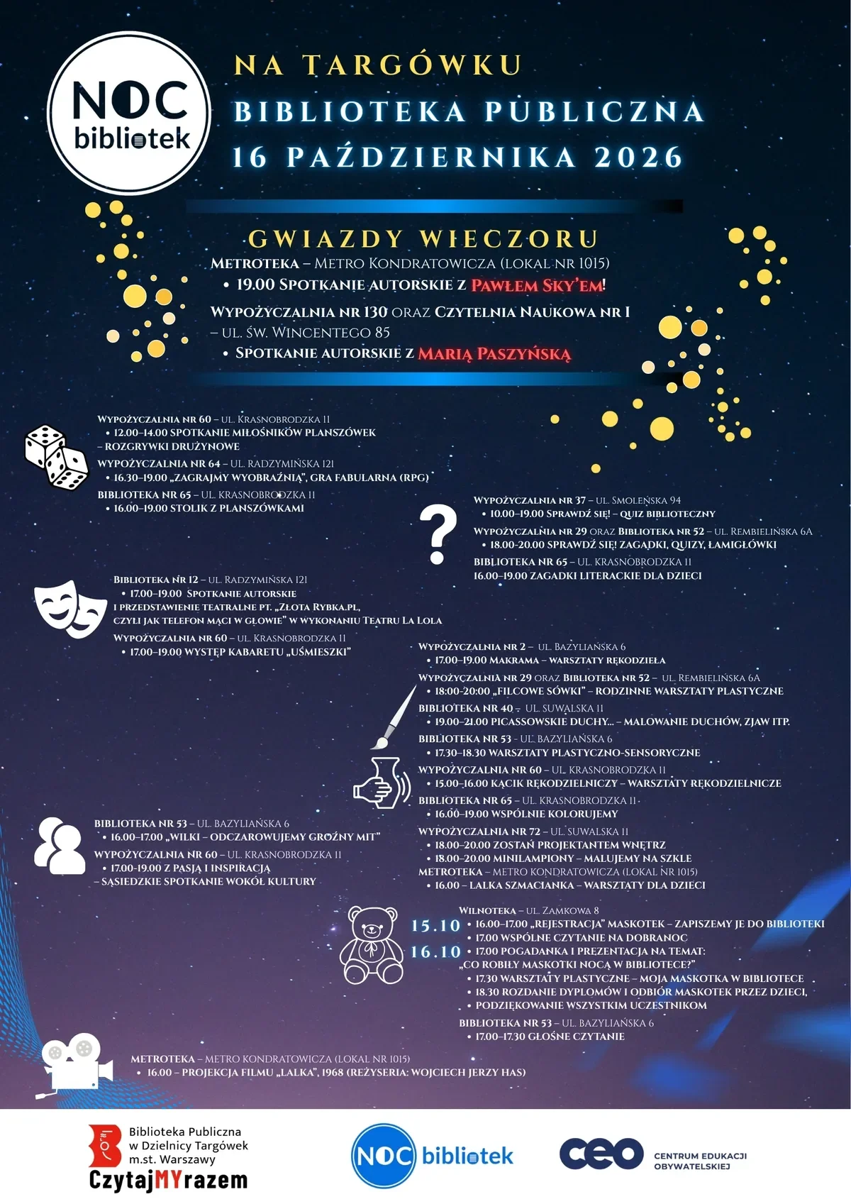 Grafika promocyjna wydarzenia Noc Bibliotek na Targówku