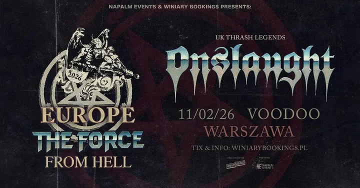 Obrazek przedstawia grafikę promocyjną wydarzenia Koncert brytyjskiego zespołu thrash metalowego Onslaught w Warszawie
