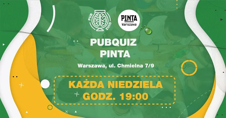 Grafika promocyjna wydarzenia PubQuiz w PINTA Warszawa — niedzielny quiz drużynowy pełen nagród