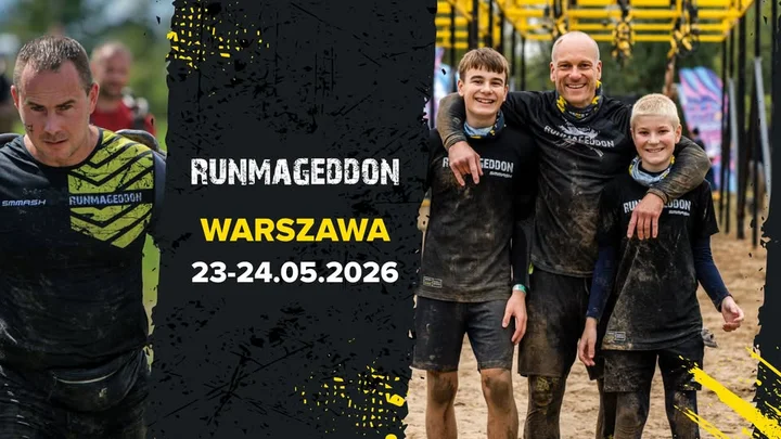 Grafika promocyjna wydarzenia RUNMAGEDDON WARSZAWA 2026 — błoto, przeszkody i adrenalina w stolicy