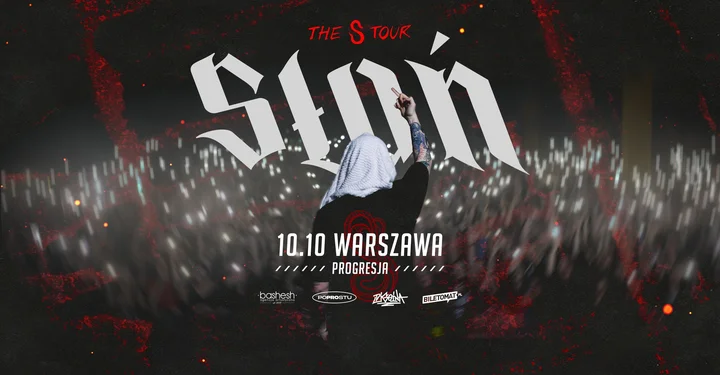 Obrazek przedstawia grafikę promocyjną wydarzenia Słoń wystąpi w Warszawie w ramach trasy THE S TOUR