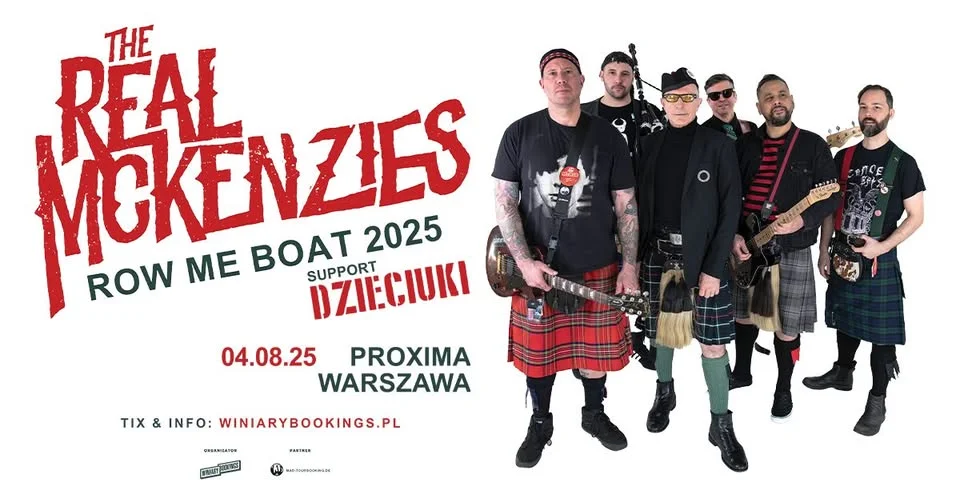 Obrazek przedstawia grafikę promocyjną wydarzenia Koncert The Real McKenzies i Dzieciuki w Warszawie