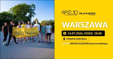 Grafika promocyjna wydarzenia 4FIZJO Runners Warszawa: darmowy trening biegowy i funkcjonalny w Warszawie