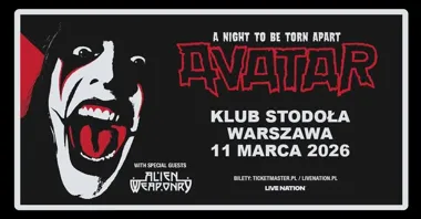 Obrazek przedstawia grafikę promocyjną wydarzenia Avatar i Alien Weaponry wystąpią w klubie Stodoła w Warszawie