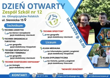 Grafika promocyjna wydarzenia DZIEŃ OTWARTY ZS12 — spotkaj szkołę na Siennickiej