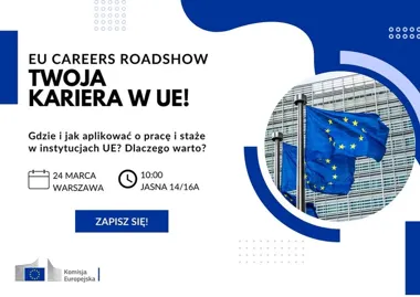 Grafika promocyjna wydarzenia EU Careers Roadshow — Warszawa: jak zacząć karierę w instytucjach UE