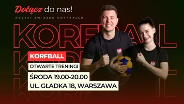 Grafika promocyjna wydarzenia Korfball Warszawa — otwarte treningi dla młodzieży i dorosłych