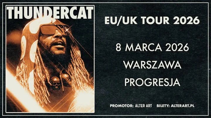 Grafika promocyjna wydarzenia Thundercat w Warszawie — koncert 8 marca 2026 w Progresji