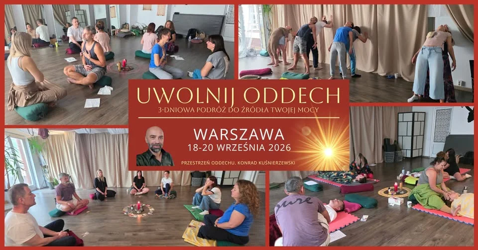 Grafika promocyjna wydarzenia Uwolnij Oddech Warszawa – warsztaty oddechowe