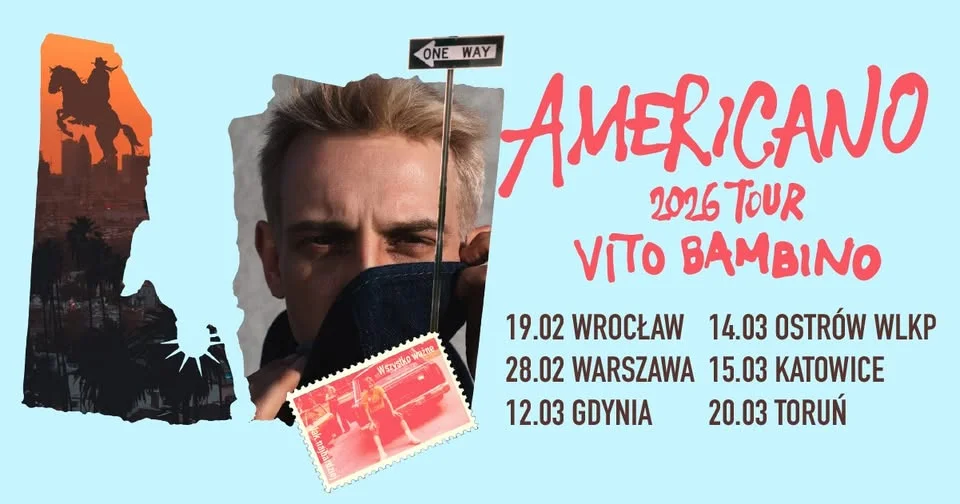 Obrazek przedstawia grafikę promocyjną wydarzenia Koncert Vito Bambino w Warszawie w ramach Americano 2026 Tour