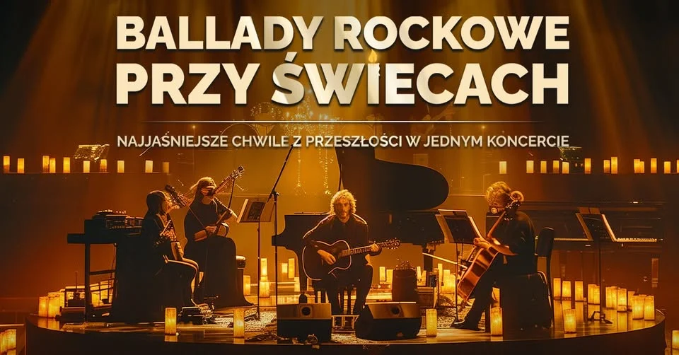 Obrazek przedstawia grafikę promocyjną wydarzenia Koncert ballad rockowych w klimacie świec w Warszawie