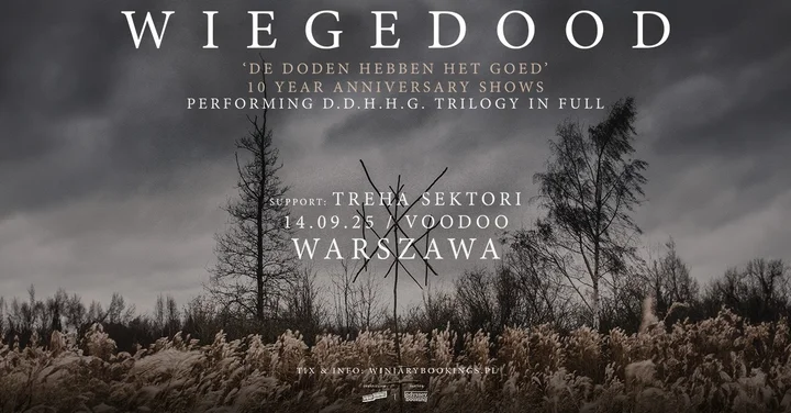 Obrazek przedstawia grafikę promocyjną wydarzenia Wiegedood zagra trylogię „De Doden Hebben Het Goed” w Warszawie