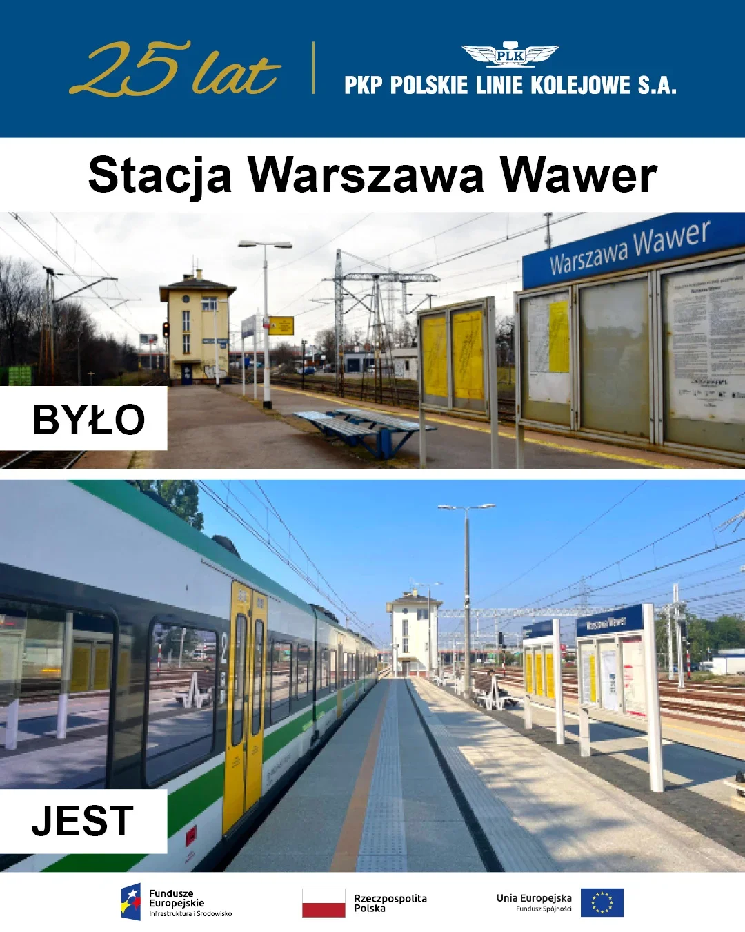 Plakat PKP Polskich Linii Kolejowych przedstawia porównanie stacji Warszawa Wawer przed i po modernizacji.