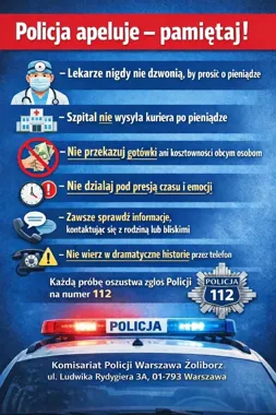 Plakat policyjny Komisariatu Policji Warszawa Żoliborz ostrzegający przed oszustwami telefonicznymi i apelujący o zgłaszanie prób oszustwa na numer 112.