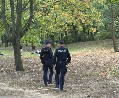 Dwóch policjantów w mundurach z napisem POLICJA patroluje park z drzewami i opadłymi liśćmi.
