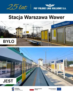 Plakat PKP Polskich Linii Kolejowych przedstawia porównanie stacji Warszawa Wawer przed i po modernizacji.