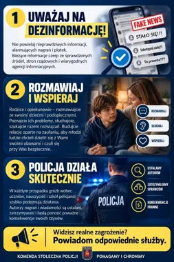 Plakat informacyjny Komendy Stołecznej Policji z trzema zaleceniami dotyczącymi dezinformacji, komunikacji z młodzieżą oraz działaniami policji w przypadku gróź