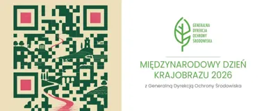 Graficzna wizualizacja kodu QR przedstawiająca elementy krajobrazu oraz informacje o Międzynarodowym Dniu Krajobrazu 2026 organizowanym przez Generalną Dyrekcję