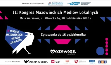 Plakat promujący III Kongres Mazowieckich Mediów Lokalnych, który odbędzie się 28 października 2026 roku w Małej Warszawie przy ul. Otwockiej 14, z zgłoszeniami