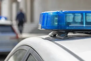 Błyskawica na dachu policyjnego radiowozu, w tle rozmyta ulica i przechodząca osoba.