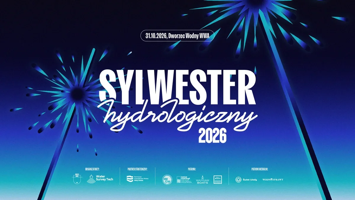 Plakat promujący wydarzenie Sylwester Hydrologiczny 2026, zaplanowane na 31 października 2026 roku w Dworcu Wodnym w Warszawie, z logotypami organizatorów, part