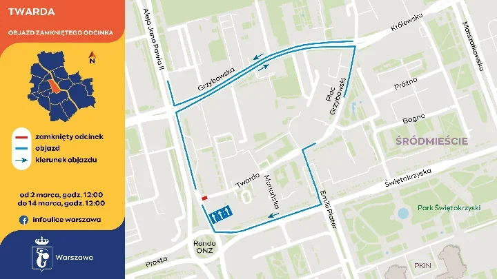 Twarda bez wjazdu z Alei Jana Pawła II – ruszyła przebudowa z nową trasą rowerową i zielenią